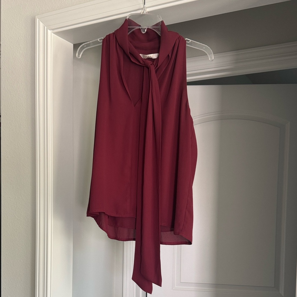 Burgundy Maroon Red Front Tie Sleeveless Work Office Corporate Dress Blouse - Picture 4 of 7